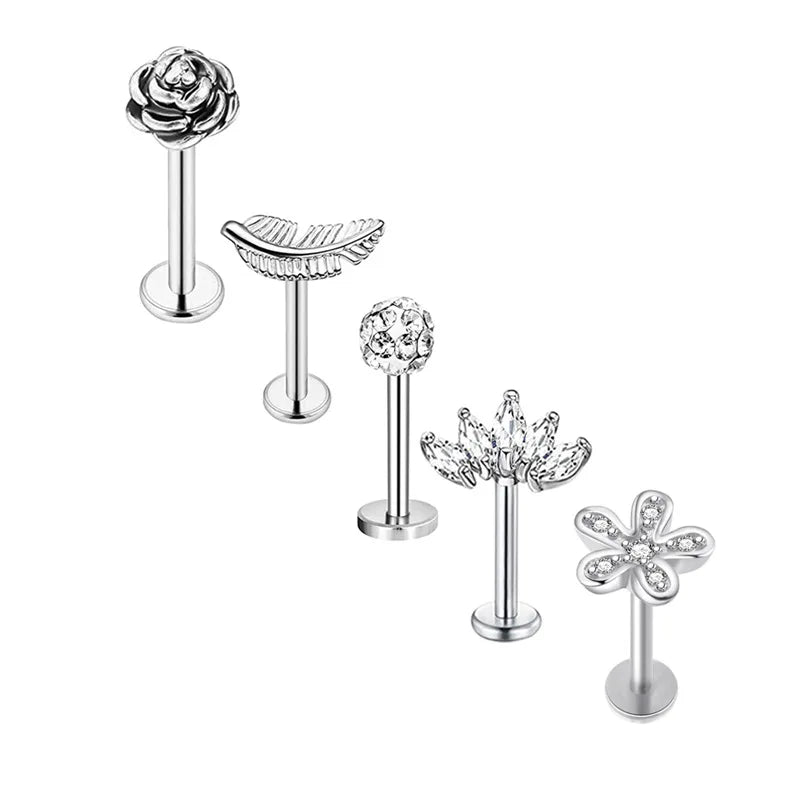 5PCS Flower Tragus Piercing Set Flat Back Cz Cartilage Stud Earring Helix Jewelry Conch Rook Stud Lot Labret Lip Piercing Bulk