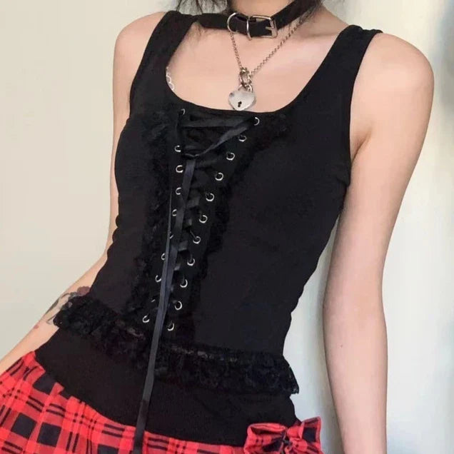 2025 Streetwear Lace Patchwork Tank Tops Women Y2k Aesthetic Halter Crop Top Sweet Bandage Off Shoulder Cross Drawstring Tanks