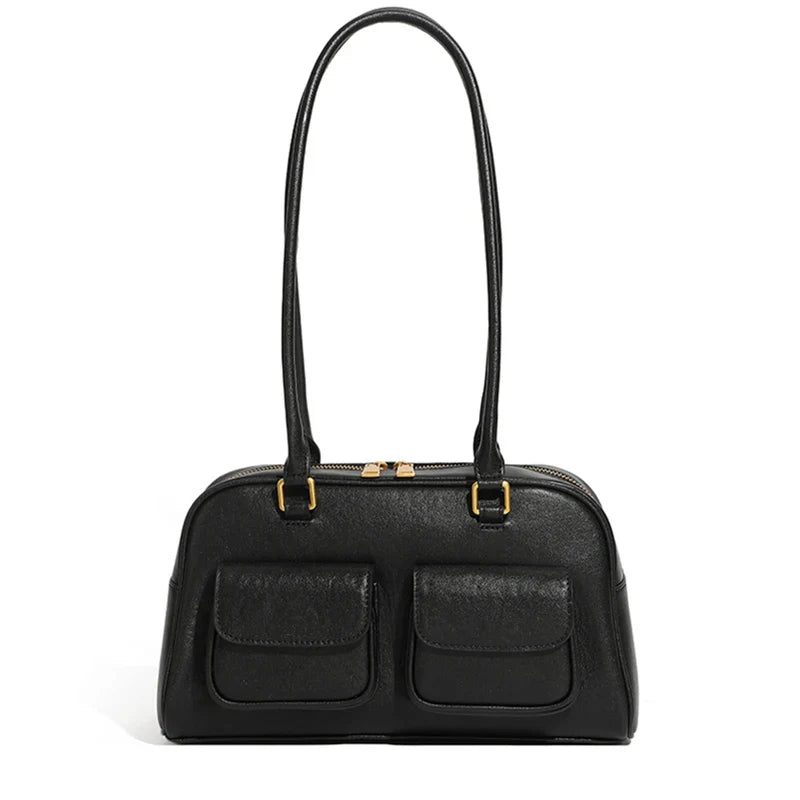 Burminsa Cowhide Genuine Leather Underarm Shoulder Bags For Women 2025 Luxury Designer Korean Bowling Tote Work Ladies Handbags