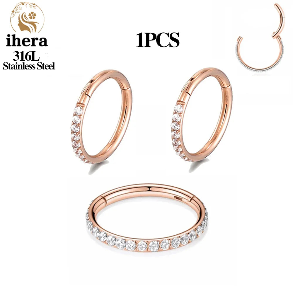 316L Stainless Steel Zircon CZ Hinged Segment Nose Septum Clicker Ring Round Earrings Hoops Ear Tragus Helix Piercing Jewelry