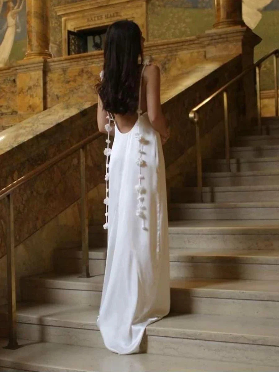 Combhasaki Women's Vintage Solid Color Flower Tassel Backless Sleeveless Summer Party Club Satin Maxi Long Bodycon Sling Dress