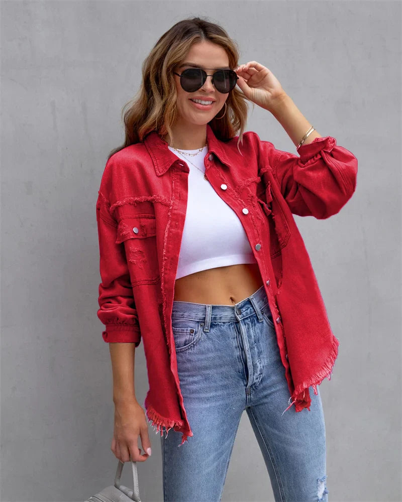 2025 Spring Autumn Shirt Style Denim Jacket Women Holes Raw-edges Jeancoat Casual Tops Female Oversize Loose Outerwear 7 Colors
