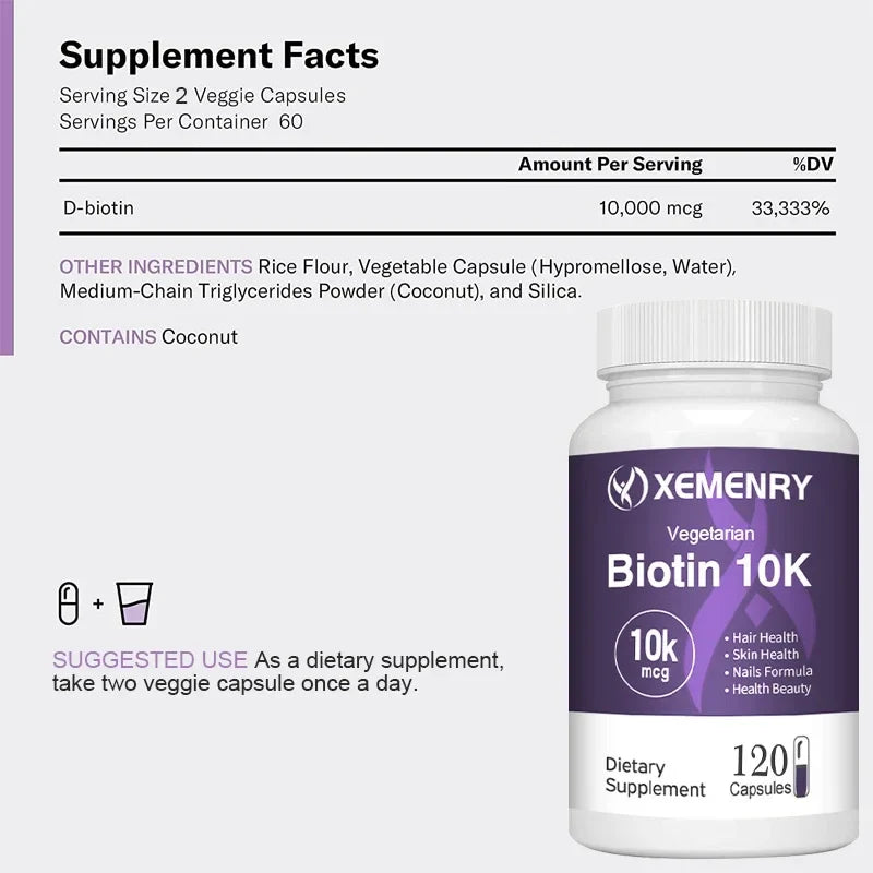 Biotin 10,000mcg - with Coconut Oil Vitamin for Hair Growth, Natural Hair, Skin and Nails - Non-GMO