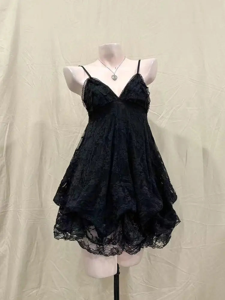 2000s Gothic Vintage Mini Dress Women Sleeveless Strap Party Dress Evening Lace Retro Cltohing Japanese Y2k Black Chic