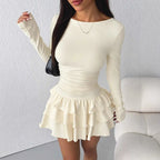 2025 Autumn Solid Slim Fit Cascading Ruffles Mini Dress Winter Women Elegant Flare Sleeve High Waist Sexy Party Bodycon Dresses