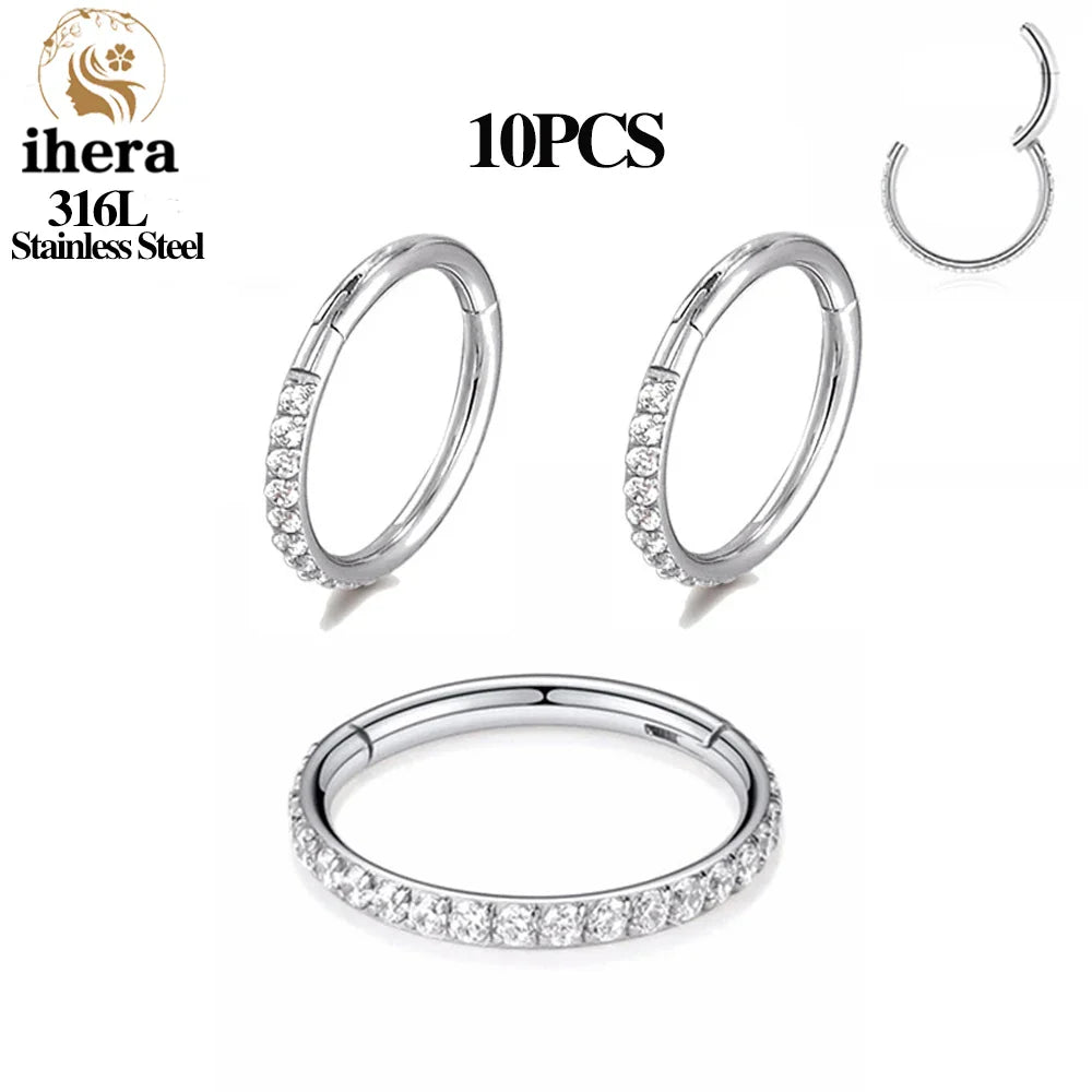 316L Stainless Steel Zircon CZ Hinged Segment Nose Septum Clicker Ring Round Earrings Hoops Ear Tragus Helix Piercing Jewelry