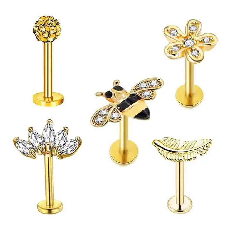 5PCS Flower Tragus Piercing Set Flat Back Cz Cartilage Stud Earring Helix Jewelry Conch Rook Stud Lot Labret Lip Piercing Bulk