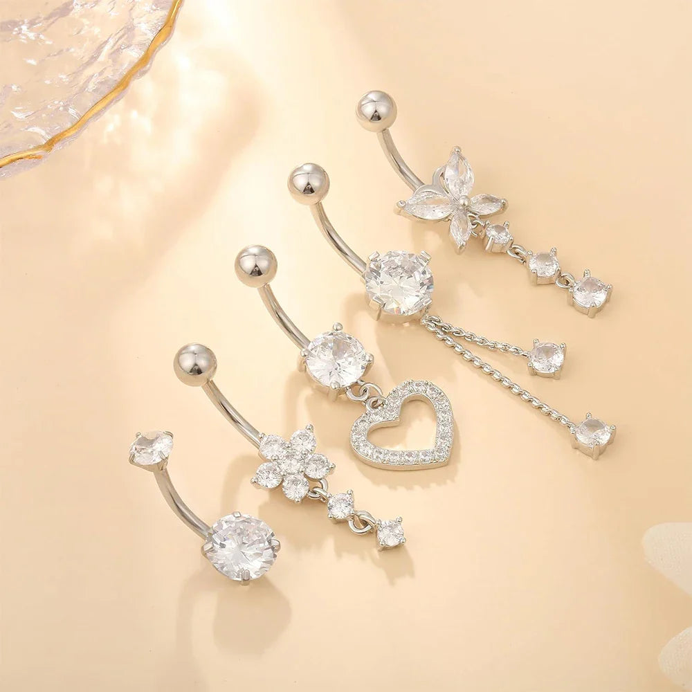 14G Gold Color Series Butterfly Dangled Belly Piercing Sets 5PCS/Lot Heart Flower Curved Navel Navel Ring Belly Button Rings