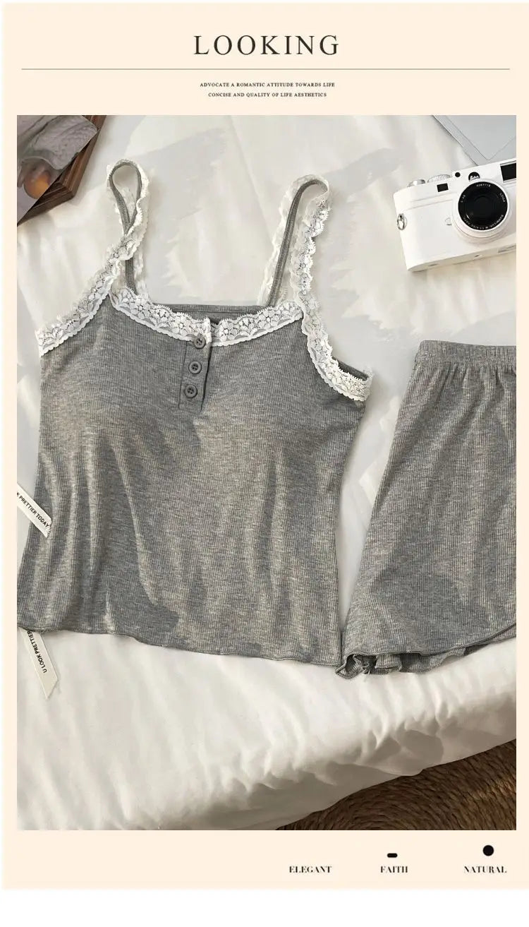 Casual Women Pajamas Summer Sleepwear Spaghetti Strap Shorts Sets 2 Pieces Night Wears O-neck Korean Sleeping Solid Home Suit