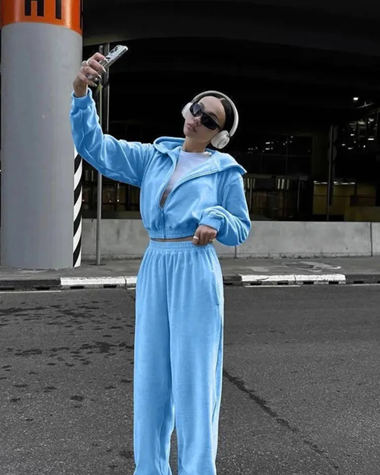 Autumn Winter Casual Two Piece Set Women Street Trend Long-sleeved Hooded Cardigan Sexy Waist Waist Elastic Trousers Tracksuit