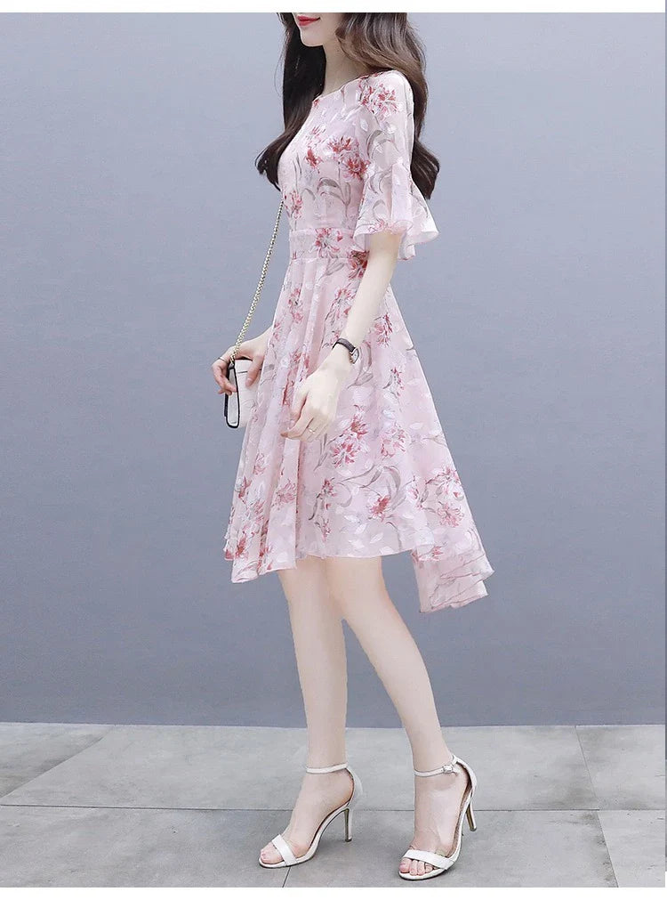 Ele Summer  Women's Midi Dr ang Hai Sle Sweet Princ round Ne ort Sve A-Line Skirt Printed Chiffon Dr