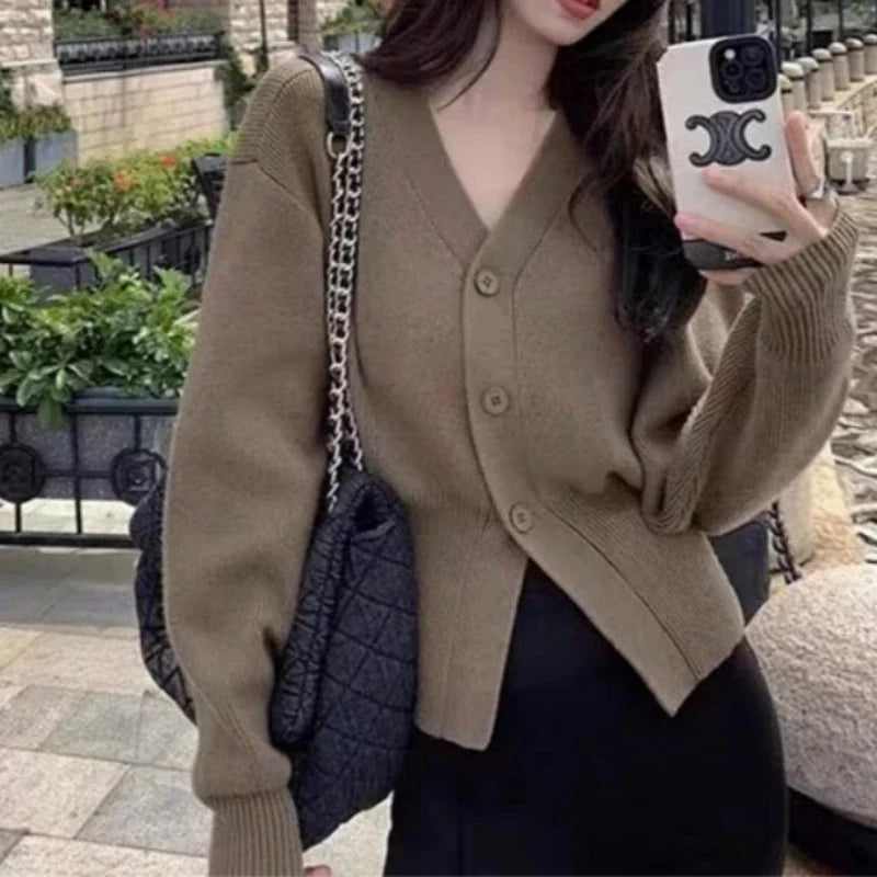 AOSSVIAO Knitted Casual Cardigan 2025 Autumn Winter Elegance Solid Color V-neck Sweater Unique and Niche Slim Fit Tops
