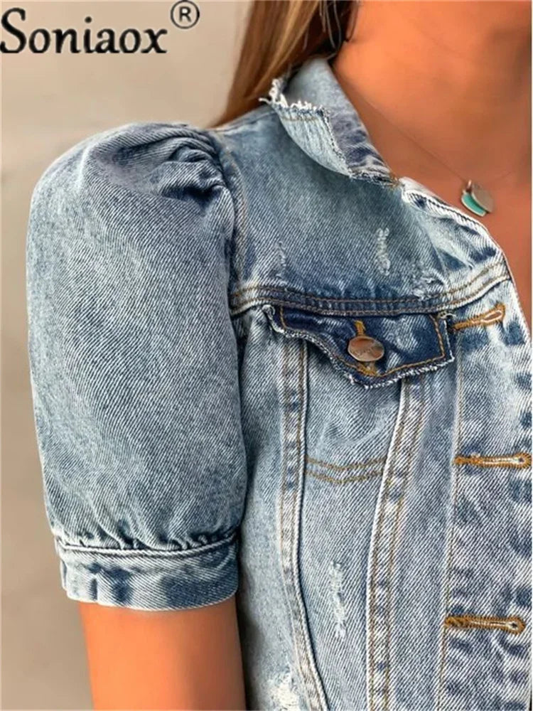 2022 Fashion Women Streetwear Jean Coat Cropped Outerwear Jacket Female Tops Single Breasted Ripped Short Sleeve Denim Jackets