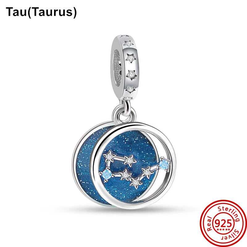 Authentic 925 Sterling Silver Sparkling Aries Leo Scorpio 12 Zodiac Signs Constellation Charm Beads Fit Pantaro Bracelet Jewelry