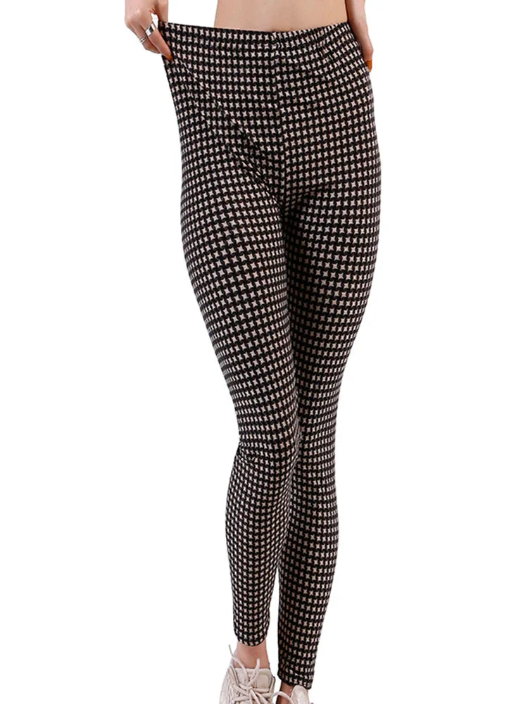 CUHAKCI Female Fitness Leggings Women Print Plaid Leggings Lady Sexy Slim Pencil Pants Push Up Elastic Waist Trousers