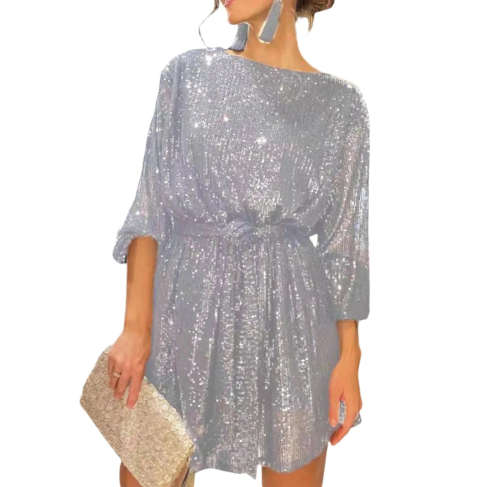 2024 New Fashion Women´s Autumn Sequin Party Dress, Sparkle Long Sleeve Round Neck Short Cocktail Dress with Belt