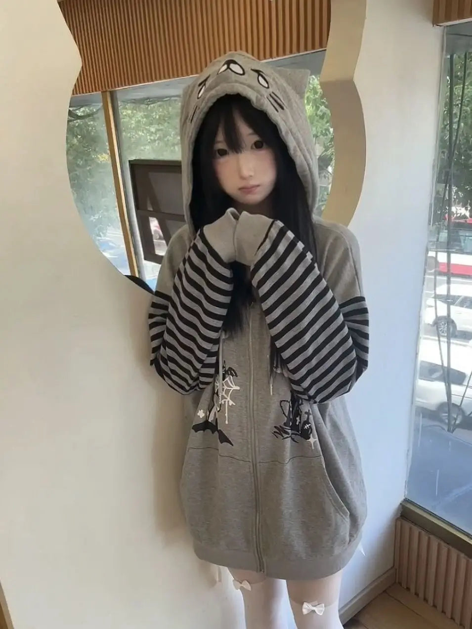Cat Ear Hooded Sweatshirts Jackets Women Clothing Y2k Tops Patchwork Striped Anime Hoodie Ropa Mujer Casual Fashion Hoodies Coat