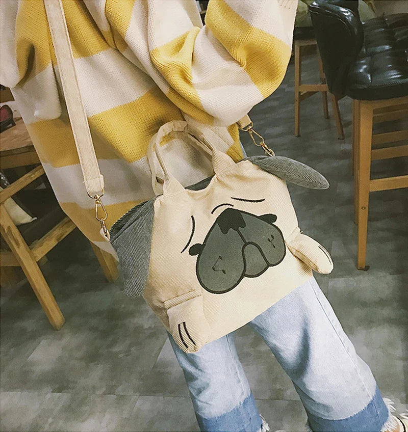 Cute Animal Handbags For Women Casual Travel Large Capacity Totes Shoulder Bags Pug Dog Corduroy Messenger Bag Feminine Bolsas