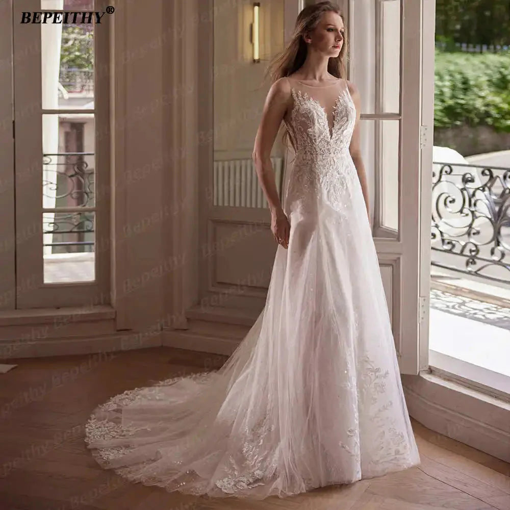 BEPEITHY Customized Strapless A Line Off Shoulder Long Sleeves Bride Ivory Wedding Dresses Glitter Court Train Bridal Gown 2025