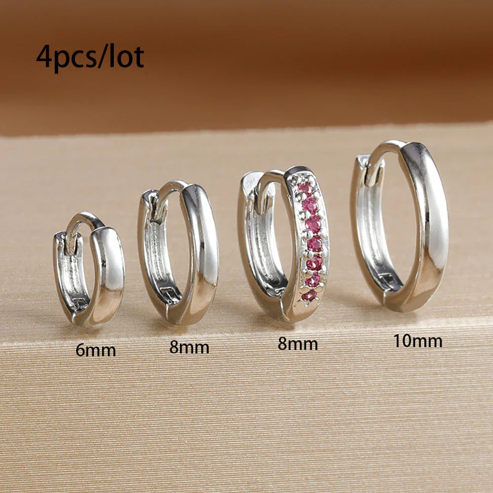 4PCS Set Stainless Steel Huggie Minimal Hoop Earrings 6/8/10mm Crystal Zirconia Helix Tragus Cartilage Earrings Piercing Jewelry