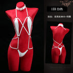 Anime Cosplay Girls Halter Leather Swimsuit Cross Straps Bandage Jumpsuit Bodysuit Lingerie Costumes Hollow Out Pajamas