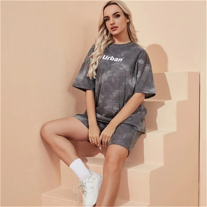 2Piece Suit Women T-Shirt Shorts Set Tie Dye Loose tshirt and wide leg middle shorts with pockets female Casual Soft Summer Sets
