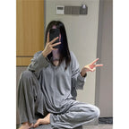 150KG Extra Large Size Loose Pajamas Women Solid Long-sleeved V-neck Two-piece Set Spring Casual Loungewear Can Be Worn Outside