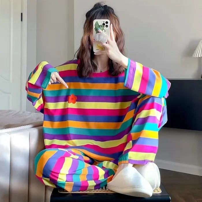 100KG Plus Size Korean Long Sleeved Pajamas Set Women Autumn Student Girls Rainbow Loungewear Can Be Worn Outside Loose Clothes