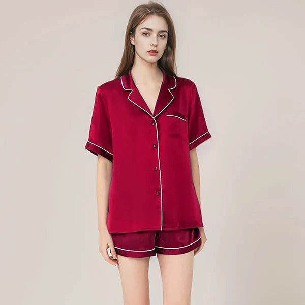 100% Real Mulberry Silk Womens Pajamas Set Sleepwear Pjs Button Down Short Sleeve Shirt Top and Shorts Loungewear 2 Piece M-4XL