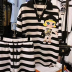 Casual Sports Striped Oversized Women's Clothing Summer Loose Turn-down Collar Pullovers Short Sets Elastic Waist Wide Leg Pants