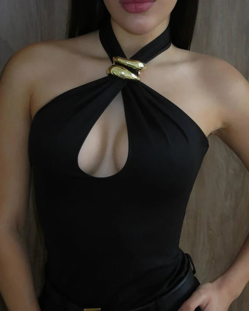 Balitops Sexy Basic Knit Hollow Out Tank Tops Women Vest Pullovers Metal Ring Camisole Sleeveless Skinny Knitted Bodycon Tops