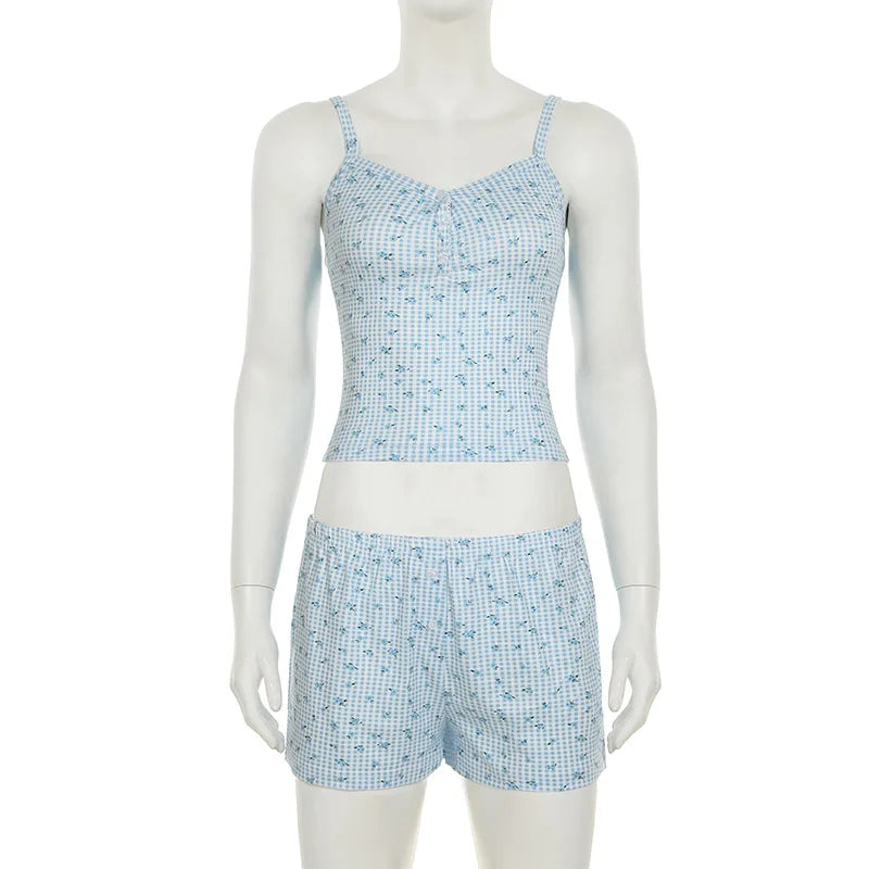 Combhasaki Women Summer Y2K 2Piece Pajamas Loungewear Set Plaid Floral Print Button Camisole Crop Tops +Elastic Low Waist Shorts
