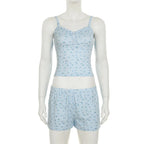 Combhasaki Women Summer Y2K 2Piece Pajamas Loungewear Set Plaid Floral Print Button Camisole Crop Tops +Elastic Low Waist Shorts
