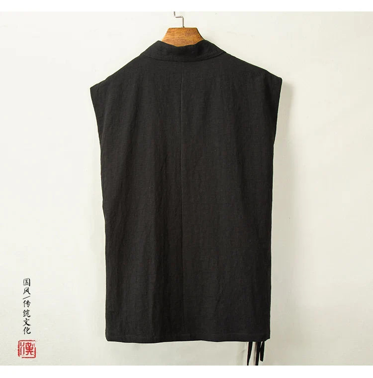 Chinese Traditional Clothing Hanfu Vest Men Linen Cotton Sleeveless Top Men's Tang Suit Kimono Cardigan Men's Slit Top