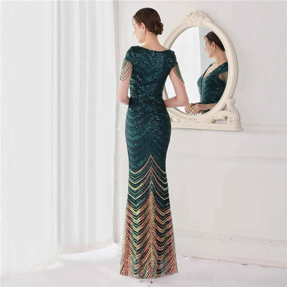 DEERVEADO Elegant V Neck Mermaid Evening Dress Long Luxury Beads Women Evening Party Dresses 2025 New Formal Dress 19085