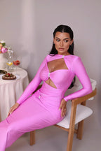 Articat Sexy Hollow Out Long Sleeved Elastic Tight Dress Women Pleats Double Layered Female Vestidos Elegant Party Evening Dress
