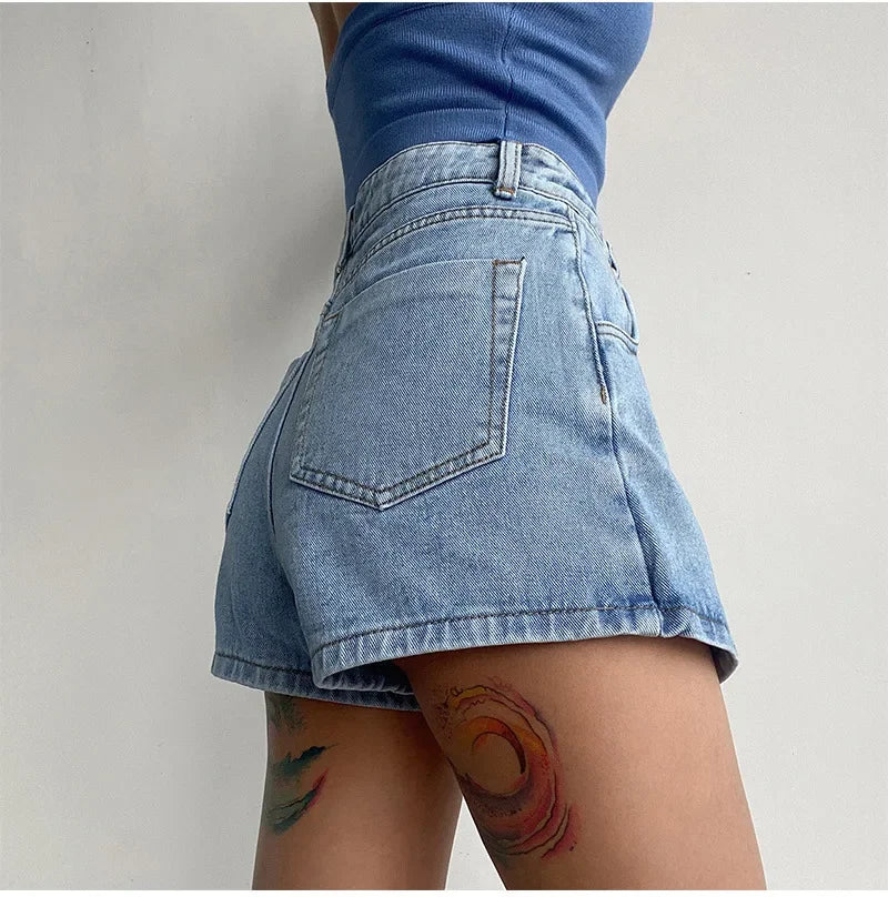 Elegant Slimming High-waisted A- line Denim Shorts Women's Summer New 2023 Light Color Two-piece Illusion Design Slim Fit