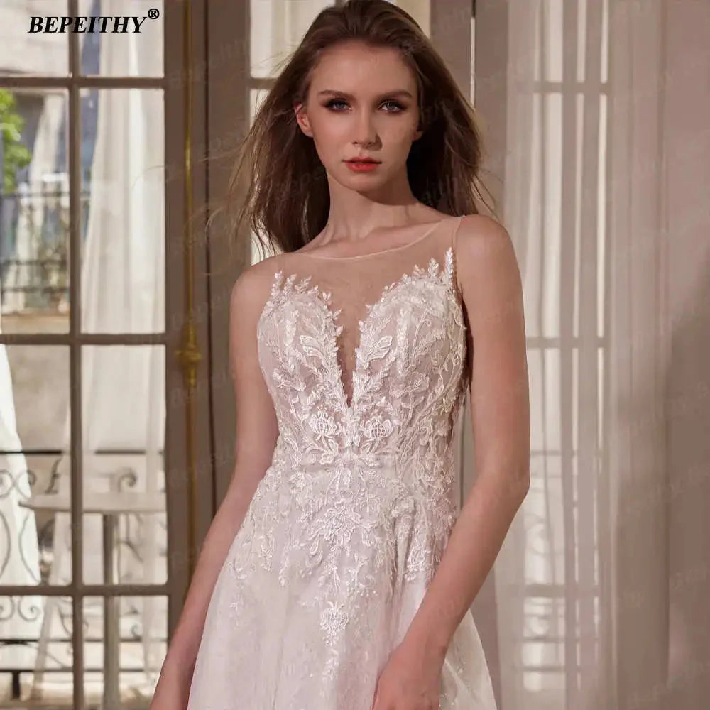 BEPEITHY Customized Strapless A Line Off Shoulder Long Sleeves Bride Ivory Wedding Dresses Glitter Court Train Bridal Gown 2025