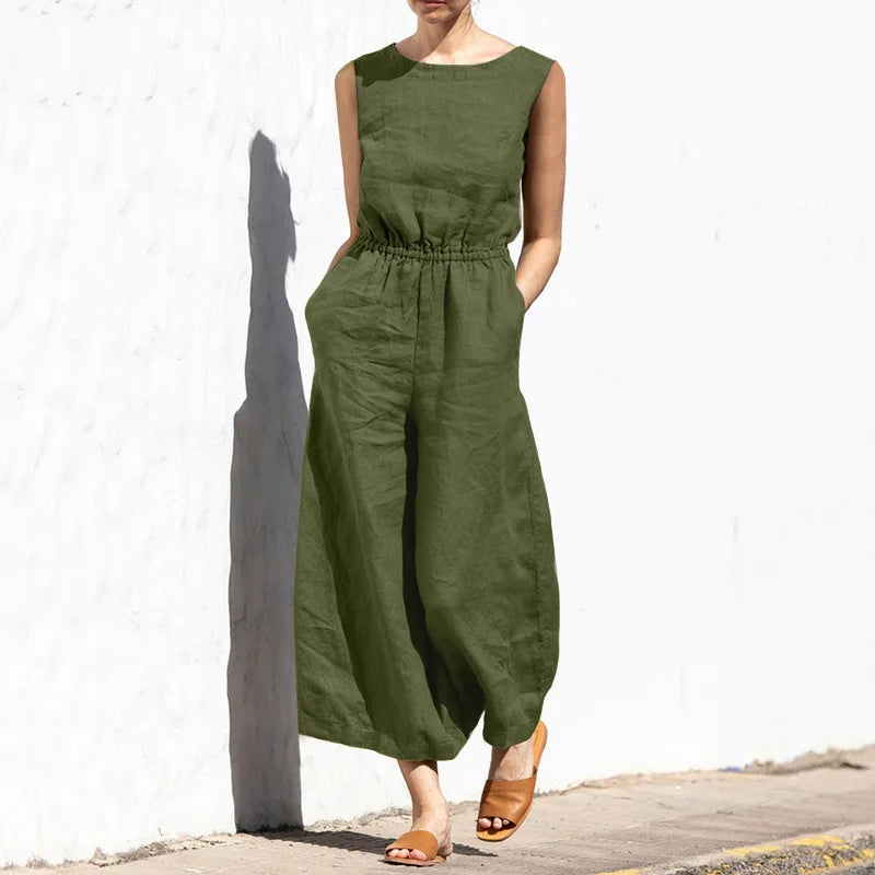 Elegant Solid Cotton Linen Women Jumpsuit Fashion Button O Neck Sleeveless Pocket Jumpsuits Ladies Elastic Waist Office Clothing