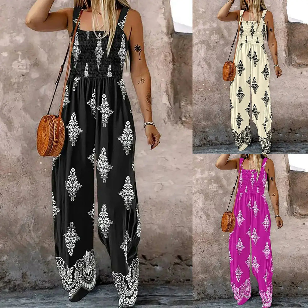2025 Summer Female Jumpsuits with Pockets Fashion Printing Wide Legs High Waist Women's Rompers Sleeveless Strap Pants Trousers