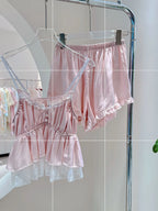 Blue Pajamas Set Elegant Home Clothes Ice Silk Sleepwear Women Loose Trousers Suit Four Seasons Loungewear Sexy Lace Nightgown