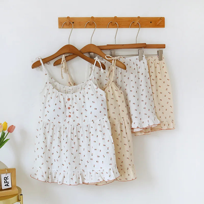 2025 Japanese Summer New Women's Pajama Set 100% Cotton Crepe Cloth Ladies Suspender+Shorts Two Piece Home Furnishing Set
