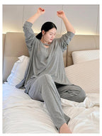 150KG Extra Large Size Loose Pajamas Women Solid Long-sleeved V-neck Two-piece Set Spring Casual Loungewear Can Be Worn Outside