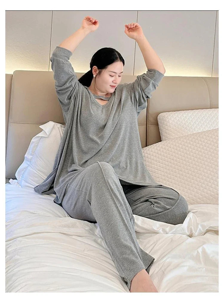 150KG Extra Large Size Loose Pajamas Women Solid Long-sleeved V-neck Two-piece Set Spring Casual Loungewear Can Be Worn Outside