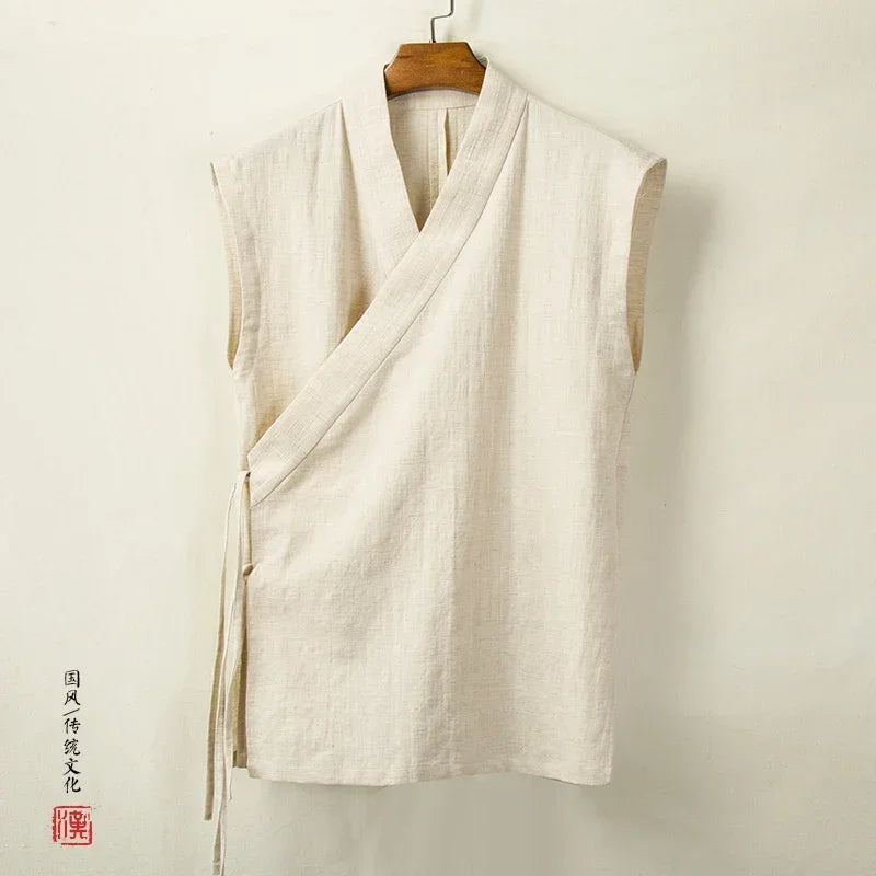 Chinese Traditional Clothing Hanfu Vest Men Linen Cotton Sleeveless Top Men's Tang Suit Kimono Cardigan Men's Slit Top