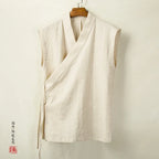 Chinese Traditional Clothing Hanfu Vest Men Linen Cotton Sleeveless Top Men's Tang Suit Kimono Cardigan Men's Slit Top