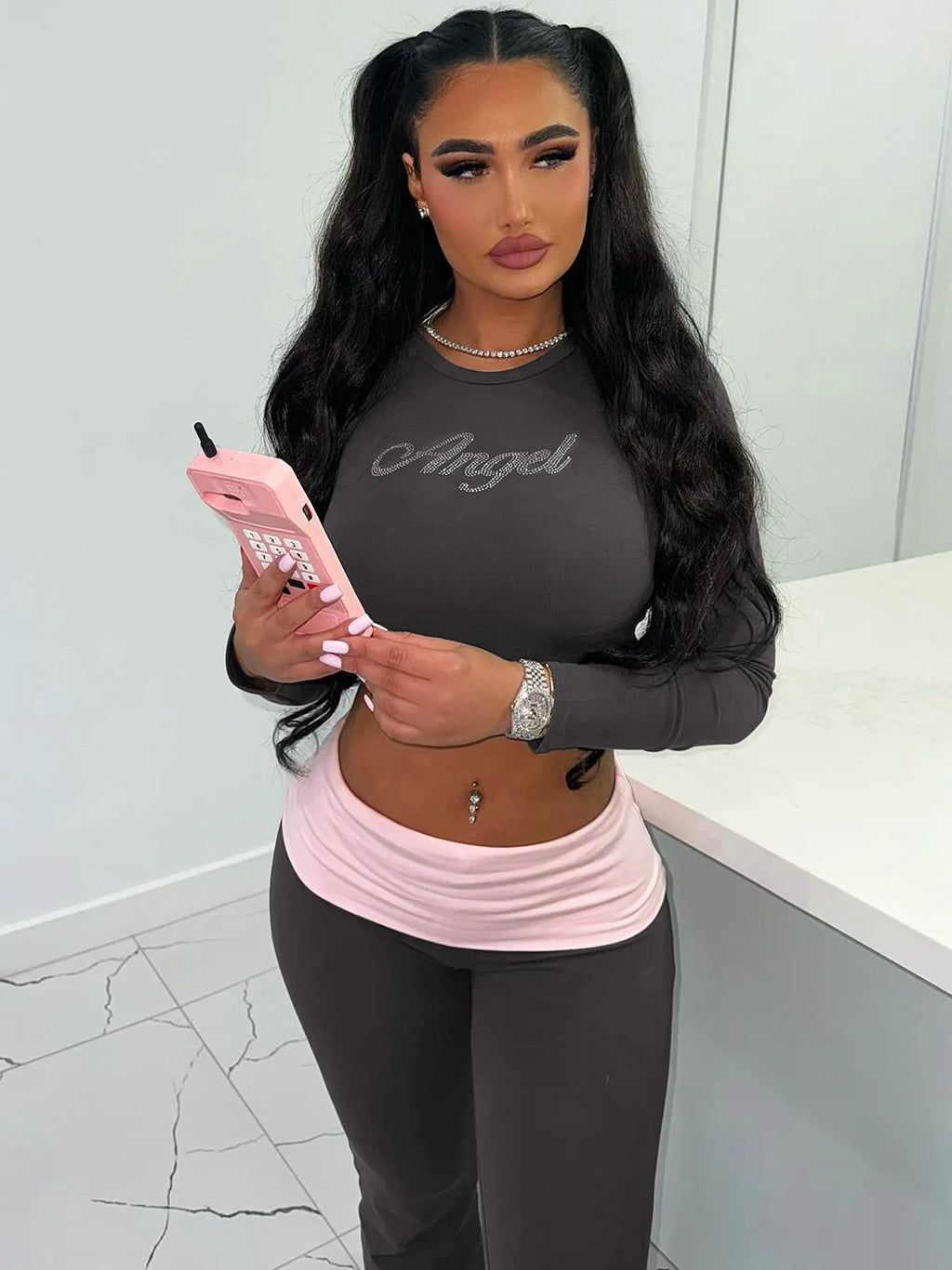 Dulzura Women'S Sexy Casual 2 Piece Pants Set Long Sleeve Letter Print Bodycon Crop Top And Flare Pants Matching Set Streetwear