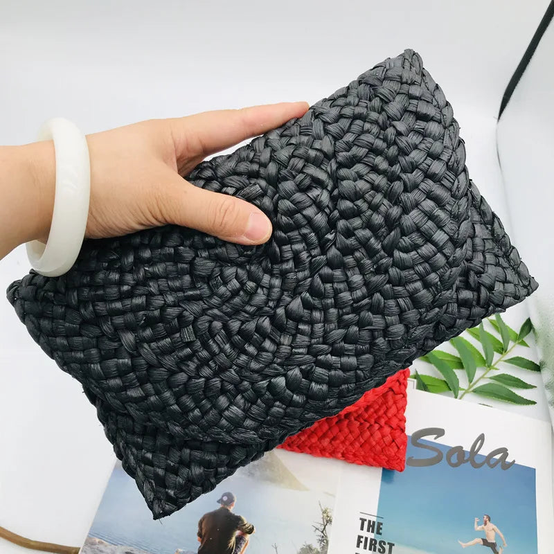 Corn Husk Weave Dinner Clutch Bag Women's Fashion Simple Solid Straw Large Purse Woman Summer Casual Vacation Ladies Wallet 2025