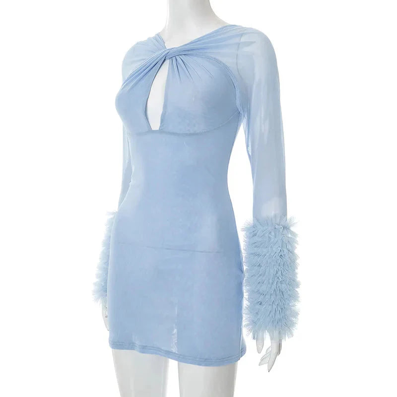 2025 Autumn Furry Patchwork Dress Women See Through Full Sleeve Sexy Hollow Cross Elegant Luxury Banquet Birthday Party Clubwear