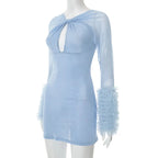 2025 Autumn Furry Patchwork Dress Women See Through Full Sleeve Sexy Hollow Cross Elegant Luxury Banquet Birthday Party Clubwear